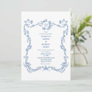 Floral Border Frans Toile Blauw Uitnodiging 02