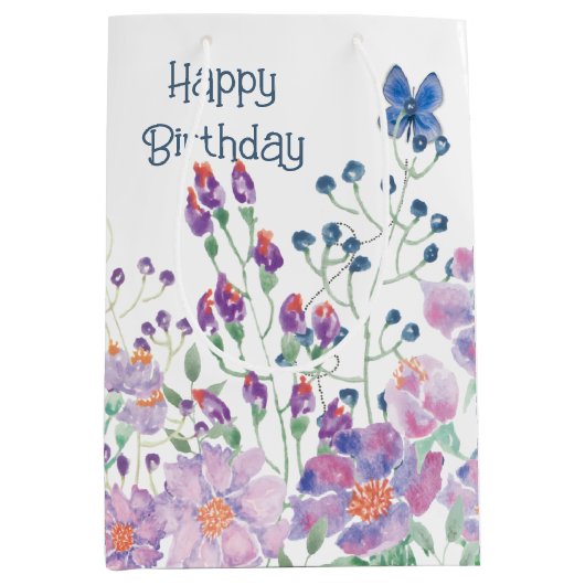 Floral Border Verjaardag Medium Cadeauzakje (Voorkant)
