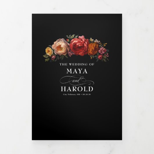 Floral Botanical Black Moody Luxe Huwelijk Drieluik Uitnodiging (Cover)