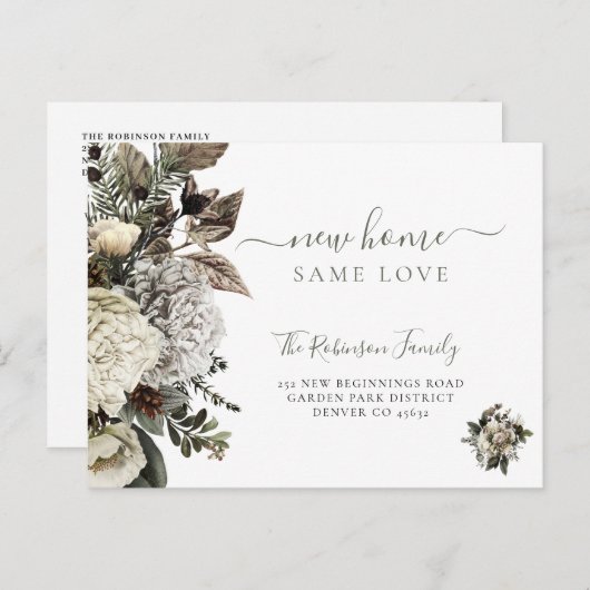 Floral botanical elegant script dat beweegt aankondigingskaart (Voorkant / Achterkant)