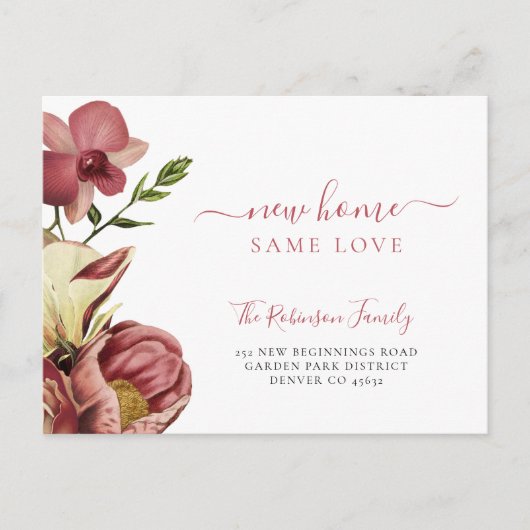 Floral botanical elegant script dat beweegt aankondigingskaart (Voorkant)