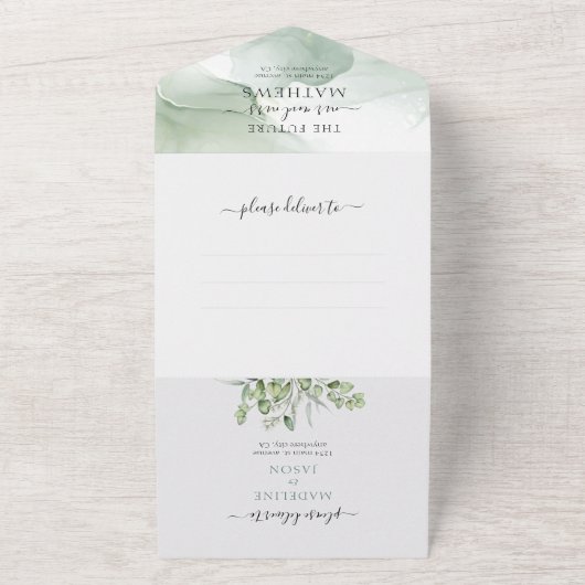 Floral Botanical Greenery Eucalyptus Fotobruiloft All In One Uitnodiging (Buitenkant)