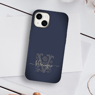 Floral Botanical Navy Blue & Gold V Name Monogram Case-Mate iPhone 14 Hoesje