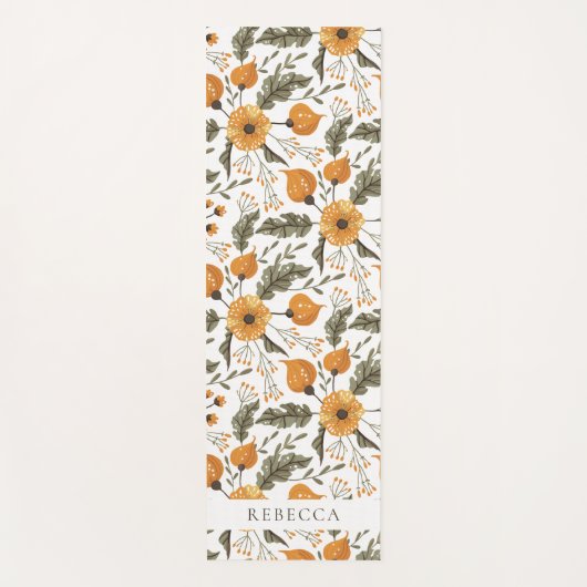 Floral Botanical Pattern Golden Green Custom Name Yogamat (Voorkant)