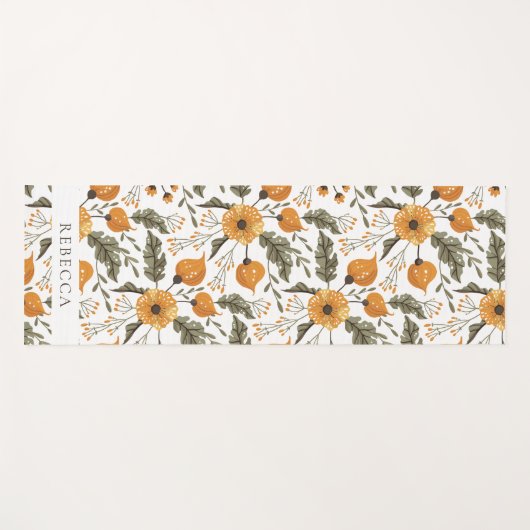 Floral Botanical Pattern Golden Green Custom Name Yogamat (Voorkant (horizontaal))