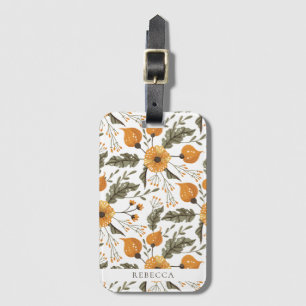 Floral Botanical Pattern White Golden Custom Name Bagagelabel