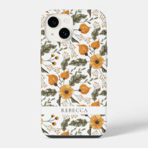 Floral Botanical Pattern White Golden Custom Name