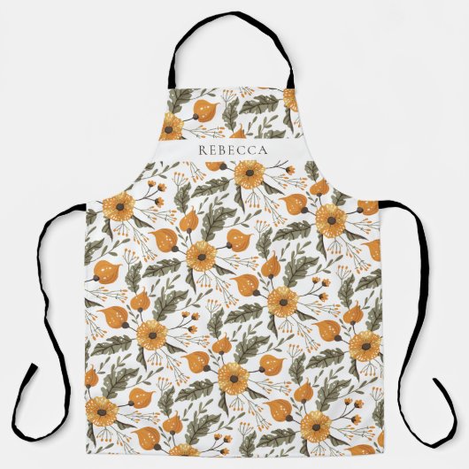 Floral Botanical Pattern White Golden Custom Name Schort (Voorkant)