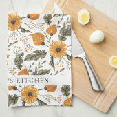 Floral Botanical Pattern White Golden Custom Name Theedoek (Quarter Fold)