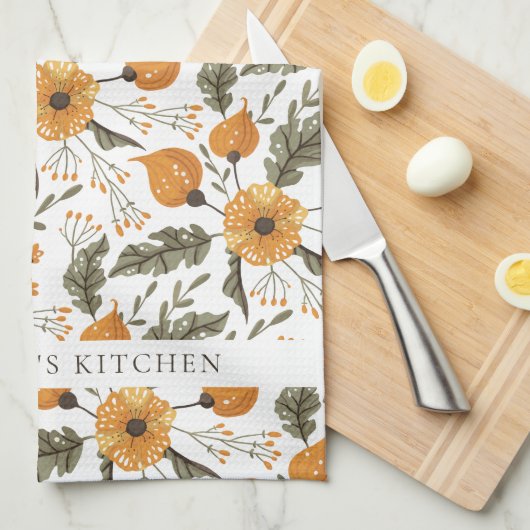 Floral Botanical Pattern White Golden Custom Name Theedoek (Quarter Fold)