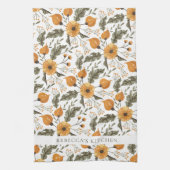 Floral Botanical Pattern White Golden Custom Name Theedoek (Verticaal)