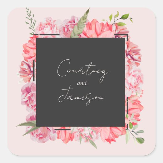Floral Botanical Pink Wedding Square Sticker (Voorkant)