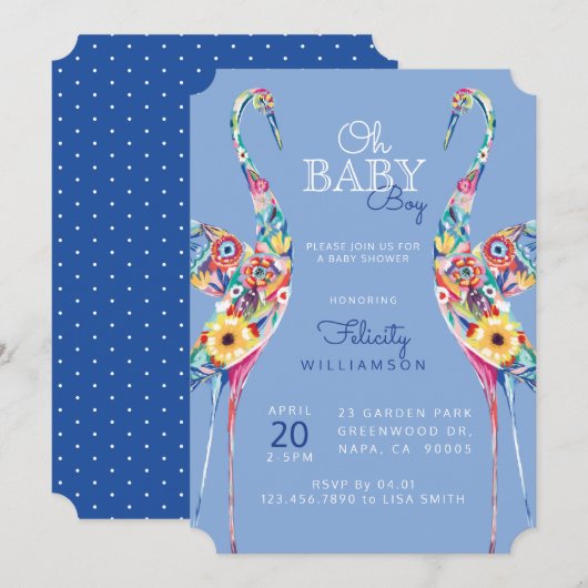 Floral Botanical Stork Baby Boy Shower Invitation (Devant / Derrière)