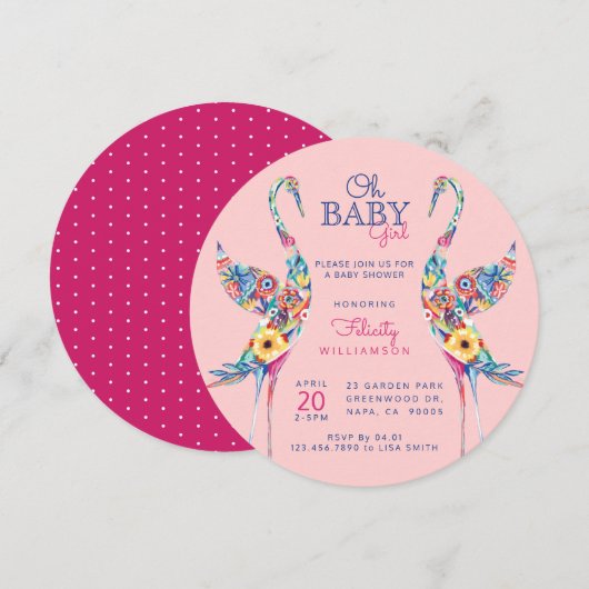 Floral Botanical Stork Baby Girl Shower Invitation (Devant / Derrière)