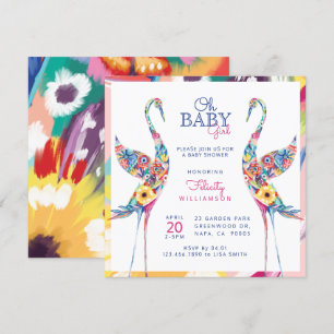 Floral Botanical Stork Baby Girl Shower Kaart