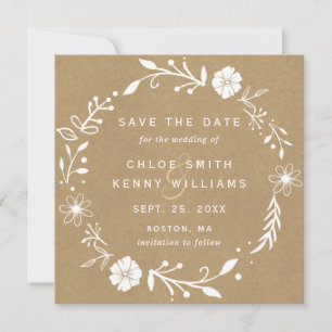 Floral Botanical Wreath Faux Kraft Square Save The Date