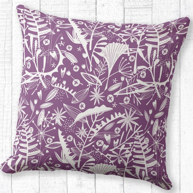 Floral Botanisch Paars Kussen (Botanical silhouette pattern purple throw pillow)