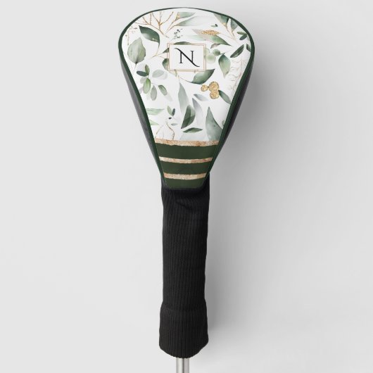 Floral Botanische Waterverf Glitter Monogram Golfheadcover (Voorkant)
