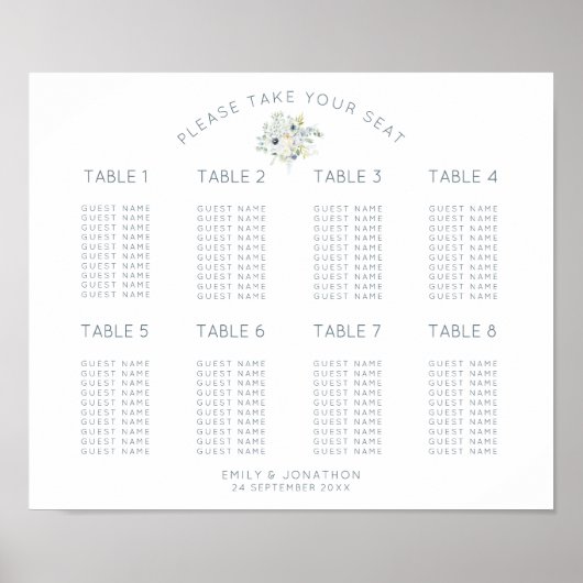 Floral Bouquet 8 Tables 80 Square Seating Chart Poster (Voorkant)