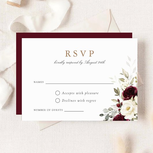 Floral Bourgogne Blanc Vert Mariage Carte RSVP