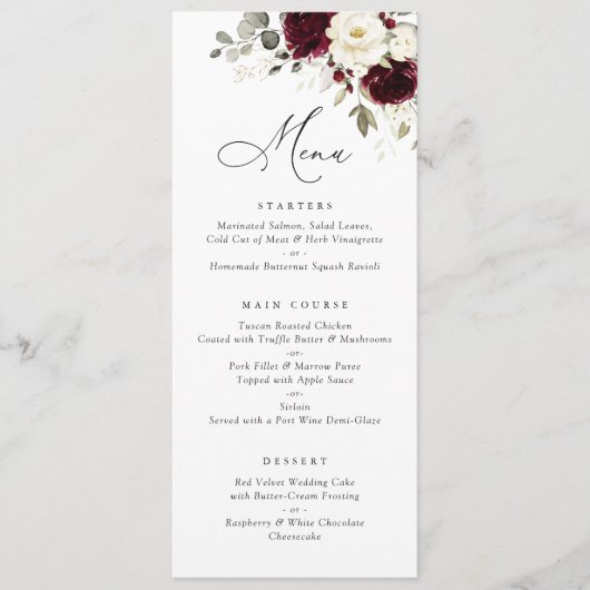 Floral Bourgogne Blanc Vert Or Menu Mariage (Devant)