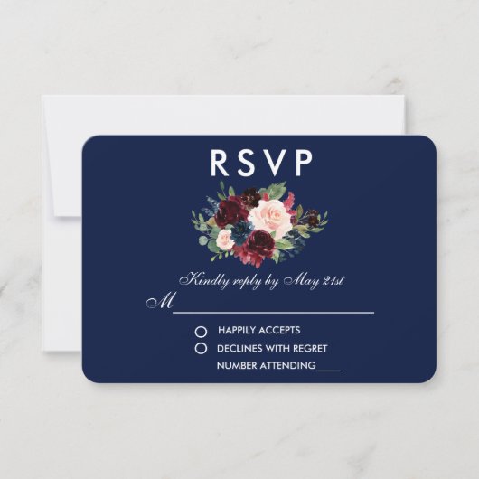Floral Bourgogne bleu mariage RSVP (Devant)
