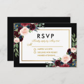Floral Bourgogne Bleu Noir Noir Mariage RSVP (Devant / Derrière)