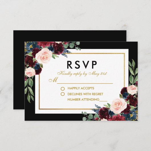 Floral Bourgogne Bleu Noir Noir Mariage RSVP (Devant / Derrière)
