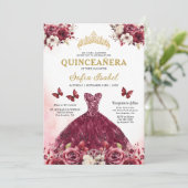 Floral Bourgogne Goud Tweetalig Spaans Quinceanera Kaart (Staand voorkant)