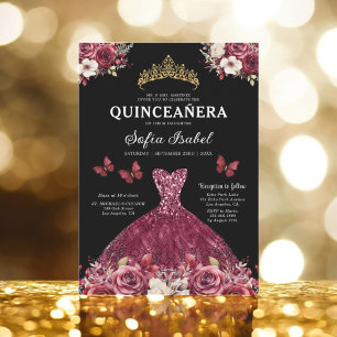 Floral Bourgogne Goud Tweetalig Spaans Quinceanera Kaart