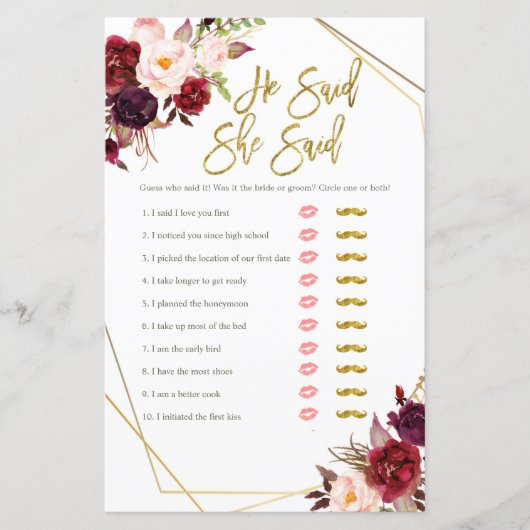 Floral Bourgogne il dit qu'elle a dit carte de jeu (Devant)