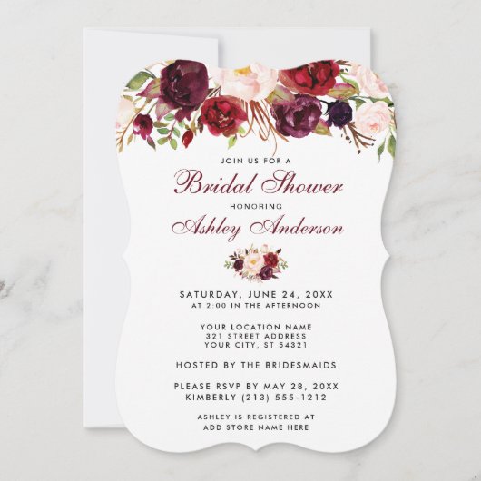 Floral Bourgogne nuptiale Invitation de douche BR (Devant)