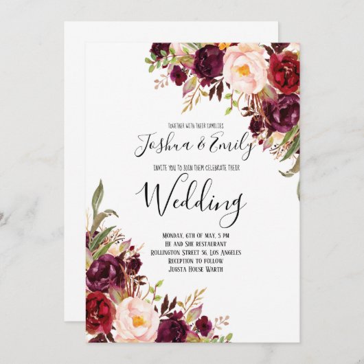 Floral Bourgogne Peony Boho Faire-part de mariage (Devant / Derrière)