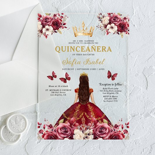 Floral Bourgogne Vlinder Prinses Quinceanera Acryl Uitnodigingen