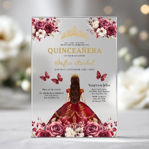 Floral Bourgogne Vlinder Prinses Quinceanera Acryl Uitnodigingen