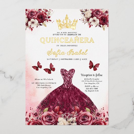 Floral Bourgogne Vlinder Prinses Quinceanera Folie Uitnodiging (Voorkant)