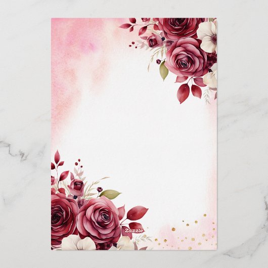 Floral Bourgogne Vlinder Prinses Quinceanera Folie Uitnodiging (Achterkant)