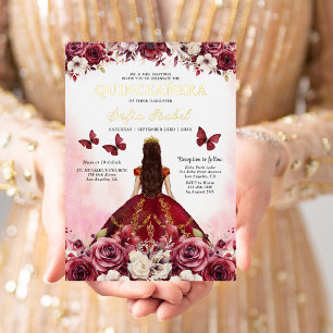Floral Bourgogne Vlinder Prinses Quinceanera Folie Uitnodiging