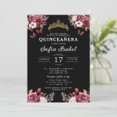 Floral Bourgogne Vlinder Prinses Quinceanera Kaart (Staand voorkant)