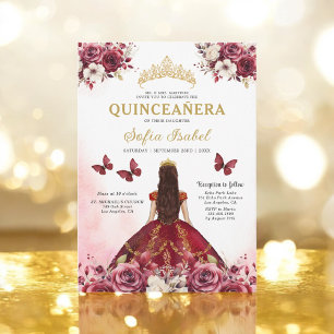Floral Bourgogne Vlinder Prinses Quinceanera Kaart