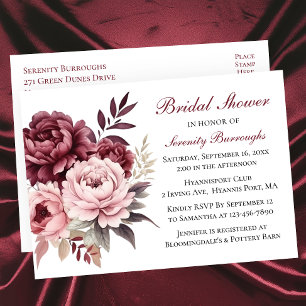 Floral Bourgogne Waterverf Peony Vrijgezellenfeest Uitnodiging Briefkaart