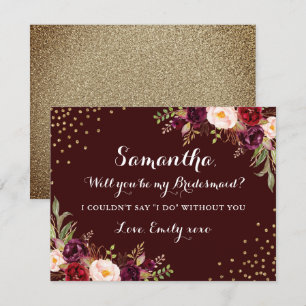 Floral Bourgondië Gold, je wordt mijn bruidsmeisje Kaart
