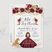 Floral Bourgondië Goud Prinses Mis 3 Años Verjaard Uitnodiging Briefkaart (Voorkant / Achterkant)