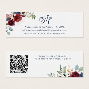 Floral Bourgondië QR Code Script Bruiloft RSVP Kaa Mini Visitekaartjes