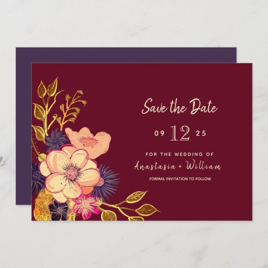 Floral Bourgondische bruiloft Save the Date (Voorkant / Achterkant)