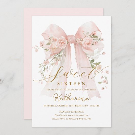 Floral Bow Coquette Sweet sixteen Invitation (Devant / Derrière)