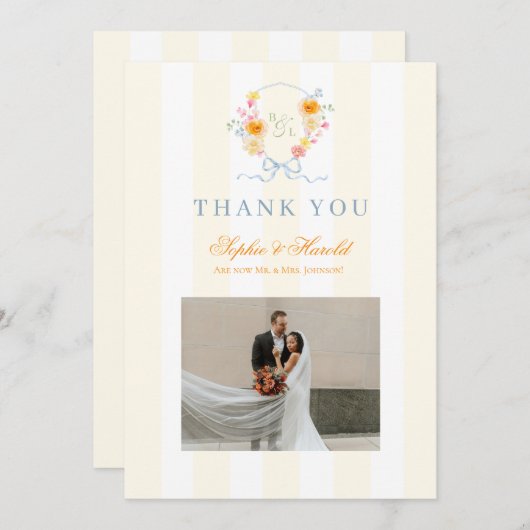 Floral Bow Crest Monogram Spring Wedding Bedankkaart (Voorkant / Achterkant)
