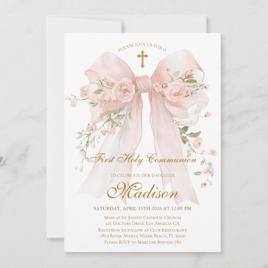 Floral Bow First Holy Communion Invitation (Devant)