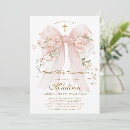 Floral Bow First Holy Communion Invitation (Debout devant)