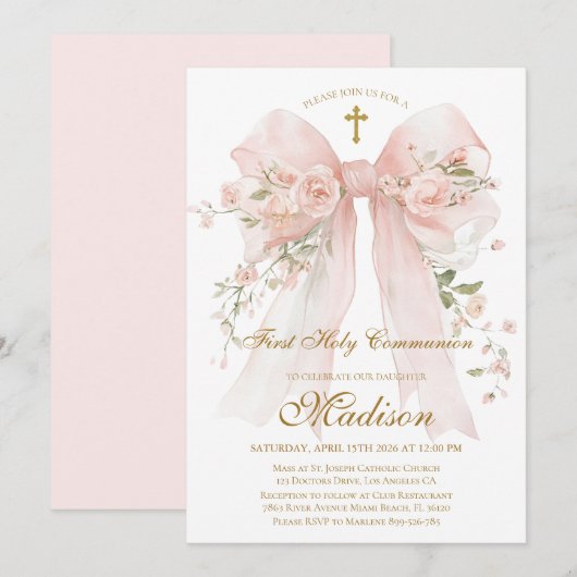 Floral Bow First Holy Communion Invitation (Devant / Derrière)